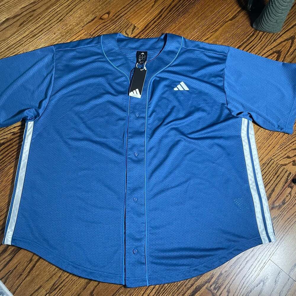 Adidas Mesh Button-Up Baseball Jersey Size XL Blue White 3-Stripes New